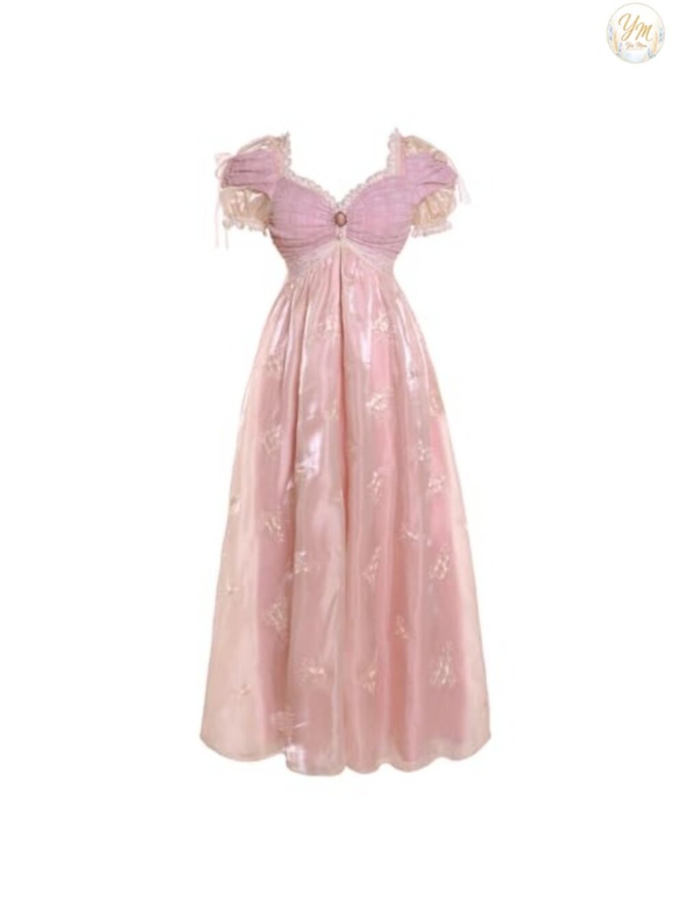 Vibsion Regency Dress Satin Lace Embroidery Empire Waist Victorian Costume